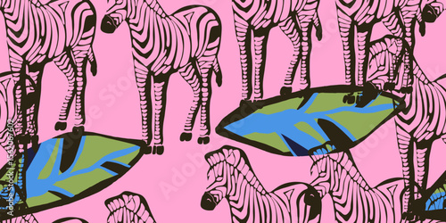 Bright zebra and leaves pattern