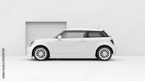 White car near garage mockup studio