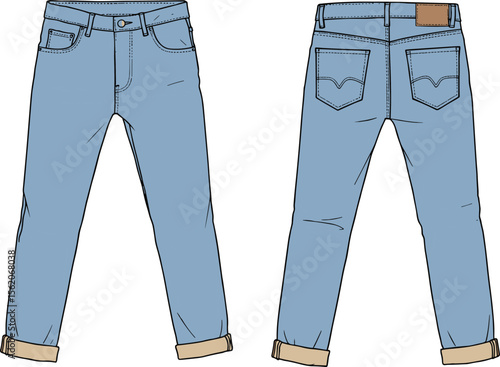 Blue denim jeans front and back view, fashion cad drawing, vector flat sketch, technical clothing illustration, casual wear template