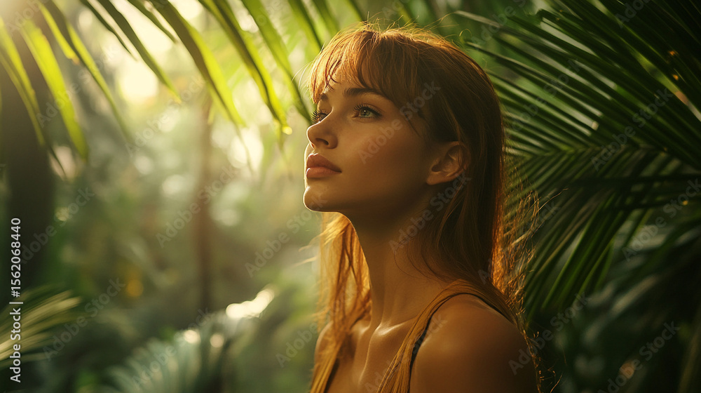 Fototapeta premium Woman gazes upwards in lush greenery