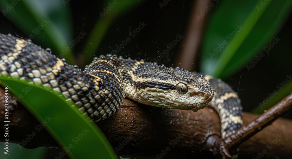 Obraz premium Mangrove Pit Viper in Rain – Jungle Reptile Macro Image