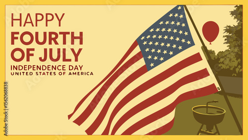 USA Independence Day Banner: American Flag, BBQ Grill, and Festive Balloon Illustration
