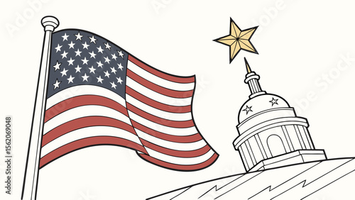 American Flag and Golden Star over Government Building Dome Illustration. Patriotism, national symbol, freedom, and democratic values concept.