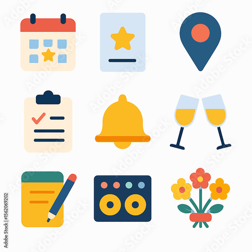 Event planning icons set featuring calendar, ticket, location pin and celebration items
