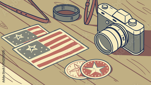 Retro Camera, Star Patches, and Badges on Wooden Table Flat Lay