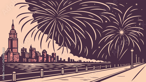 Vibrant Night Cityscape with Fireworks Display Over Water and Promenade