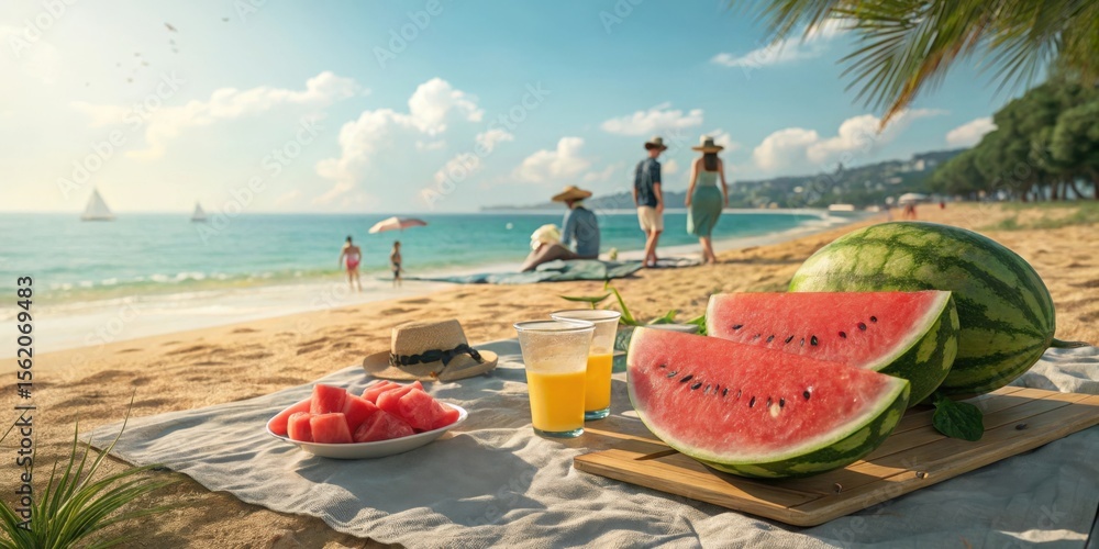 Beach Picnic: Summer Vacation, Tropical Getaway, Watermelon, Ocean View, Relaxation, Sunny Day, Coastal Scene, Family Fun, Holiday Escape, Sand, Sea, Travel Photography Beach Picnic: Summer Vacation, Tropical Getaway, Watermelon, Ocean View, Relaxation, Sunny Day, Coastal Scene, Family Fun, Holiday Escape, Sand, Sea, Travel Photography
