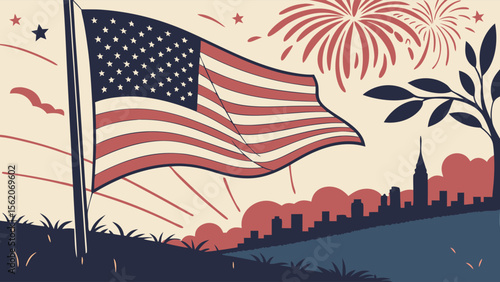 American Flag Waving with Fireworks and City Skyline. Patriotic Celebration Illustration for USA Holidays.