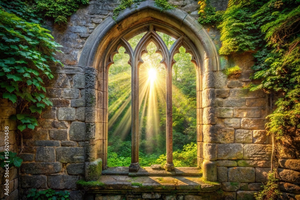 Fototapeta premium Sunlight streams through a gothic arch window in ancient stone ruins, illuminating a lush green forest scene