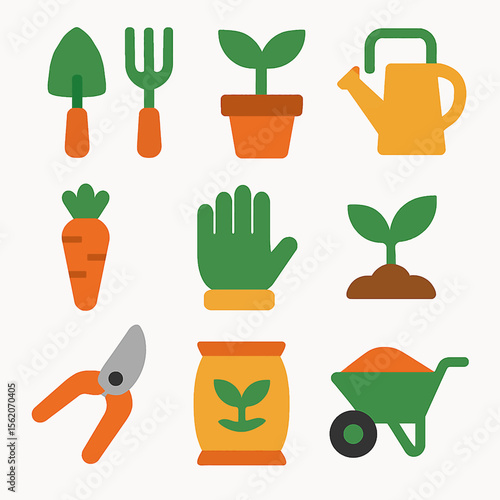 Gardening tools and plants arranged in a cheerful vector illustration design