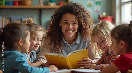 A captivating photo realistic image depicts a teacher engaged in reading to children, highlighting their wide-eyed wonder and the joy of early education in a cozy classroom.