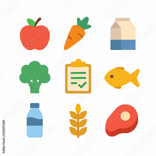 Healthy eating food group icons including fruits, vegetables, protein and dairy products