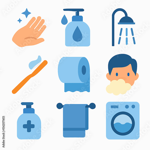 Hygiene routine icons set featuring washing hands, showering, shaving, and laundry symbols