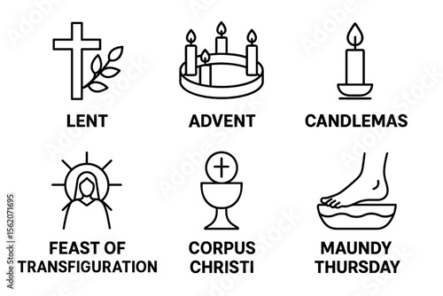 Christian symbols: lent, advent, candlemas, feast of transfiguration, corpus christi, maundy thursday vector icon isolated illustration