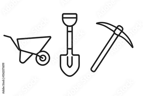 Outline of wheelbarrow, shovel, and pickaxe on gray background vector icon isolated illustration