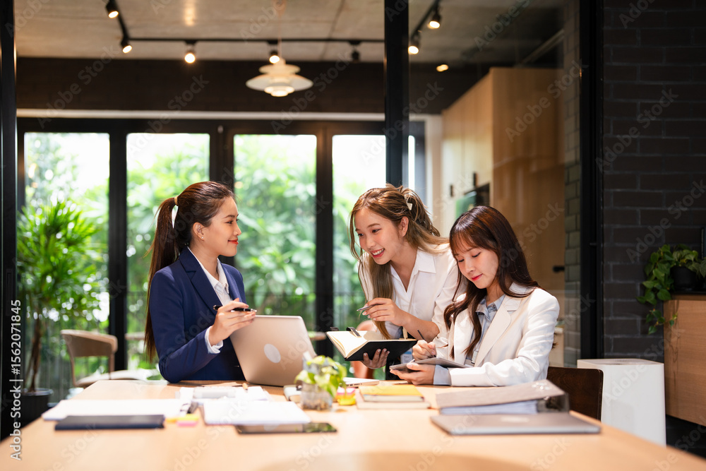 Fototapeta premium Business people, coach at office for internship program or training staff. Businessman, executive or mentor helping junior employee woman with software for communication.