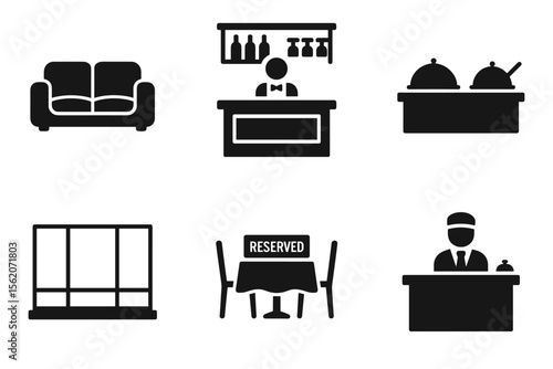 Restaurant and hospitality icons set: sofa, bar, buffet, window, reserved table, receptionist vector icon isolated illustration