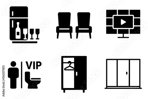 Black icons: bar fridge, armchairs, tv, wc, closet, sliding door vector icon isolated illustration