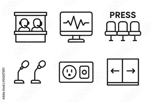 Outline icons of people, monitor, press, microphones, outlet, and elevator vector icon isolated illustration