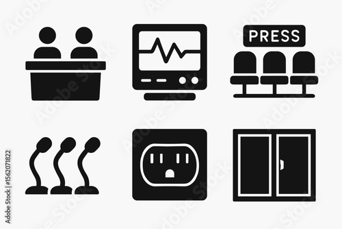 Black conference icons: panel, monitor, press, microphones, outlet, doors vector icon isolated illustration