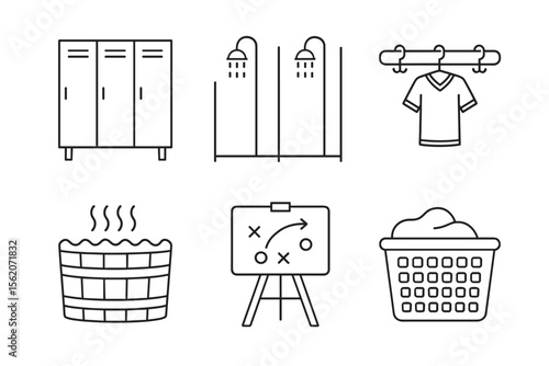Locker room elements: lockers, showers, clothes, hot tub, tactics, laundry vector icon isolated illustration