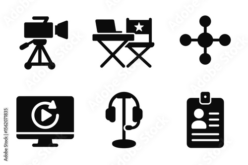 Movie production icons set: camera, director chair, network, monitor, headset, id vector icon isolated illustration