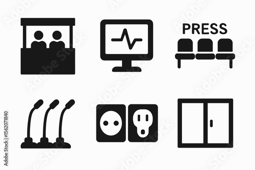 Set of black icons including booth, monitor, press, microphones, sockets, and sliding doors vector icon isolated illustration