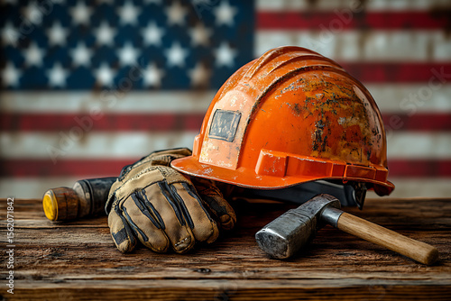 Orange hard hat and tools on wood with american flag in background