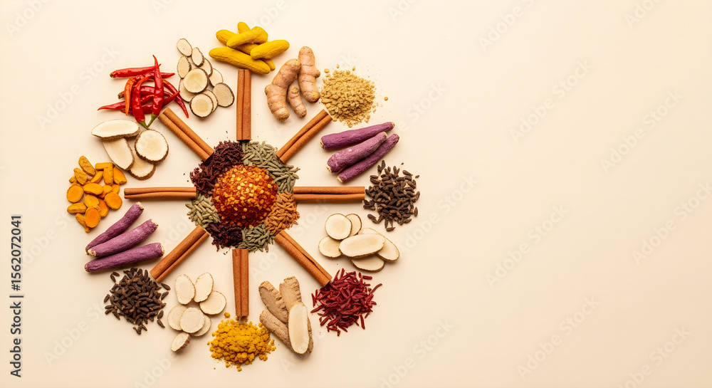 Fototapeta premium Vibrant Spices and Herbs Arranged in a Circular Pattern