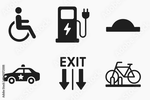 Set of six urban icons: accessibility, electric charging, speed bump, police car, exit, bicycle parking vector icon isolated illustration