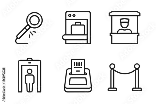Airport security icons: magnifying glass, bag scanner, checkpoint, metal detector, ticket machine, barrier rope vector icon isolated illustration