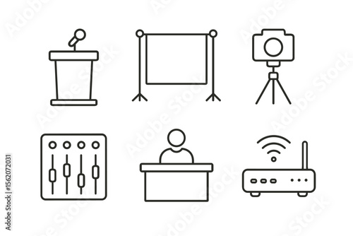 Conference equipment icons: podium, screen, camera, mixer, desk, router vector icon isolated illustration
