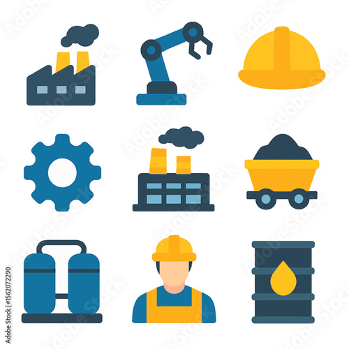 Industry themed vector icons illustrate manufacturing and construction processes