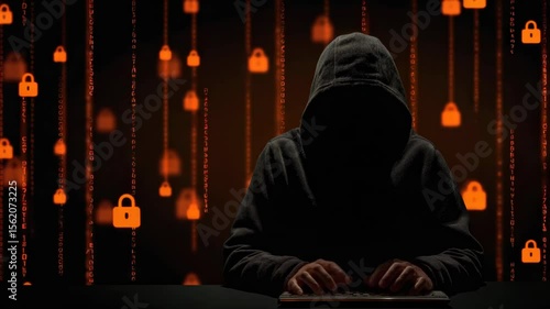 In a darkened setting, a hooded figure types on a computer, surrounded by floating code, the secrecy and concentration on neon graphic cyber security and threats.
