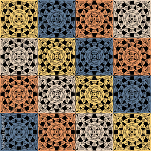 Pattern with crochet granny square wallpaper handmade decorative art design print	
