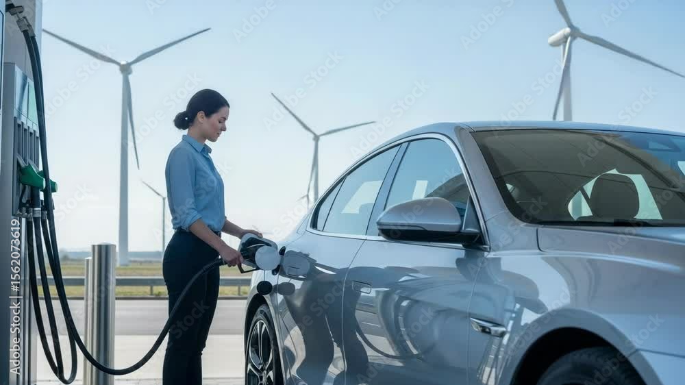 Woman Charging Electric Vehicle at Charging Station with Wind Turbines Woman Charging Electric Vehicle at Charging Station with Wind Turbines