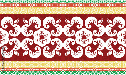 The green border carpet pattern has a pattern arranged in a row and in the middle of the white there are beautiful flowers arranged in an orderly manner. fabric patterns, vectors, red background 