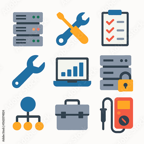 Network and system administration tools and equipment icons for maintenance tasks