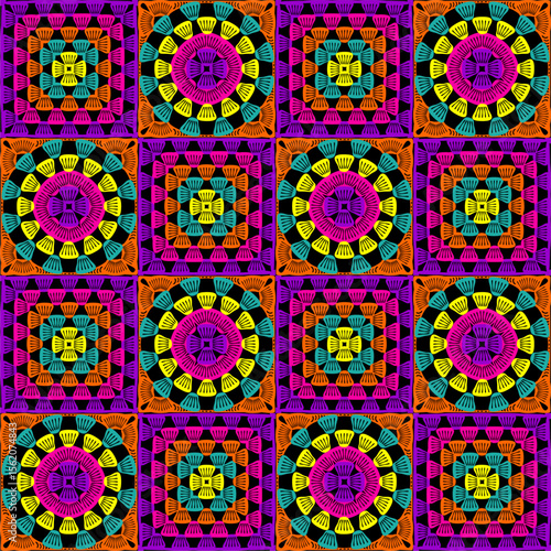 Pattern with crochet granny square wallpaper handmade decorative art design print	
