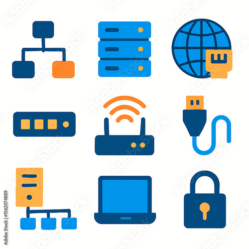 Network icons set featuring server, router, globe, USB and security padlock illustration