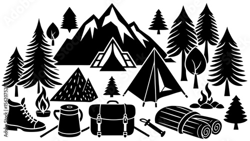 Outdoor Adventure Camping Gear and Nature Elements Vector Icon Set for Wilderness Exploration