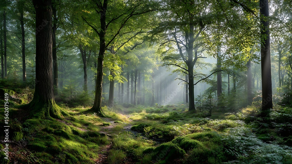 Obraz premium Sunlit, misty morning forest