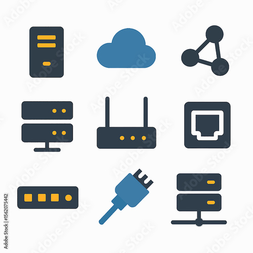 Network infrastructure vector icons set featuring server, cloud, connection and router