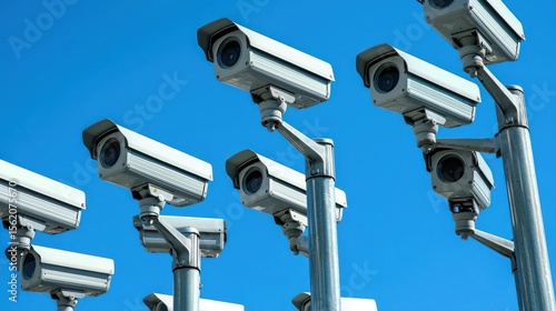 A group of security cameras mounted on poles against a clear blue sky.