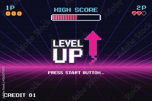 LEVEL UP icon pixel art. 8 bit game. retro game. Retro Futurism Sci-Fi Background. glowing neon grid. and stars from vintage arcade computer games