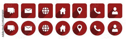 Business card icon set, contact information icons, Vector illustration in red color on transparent background