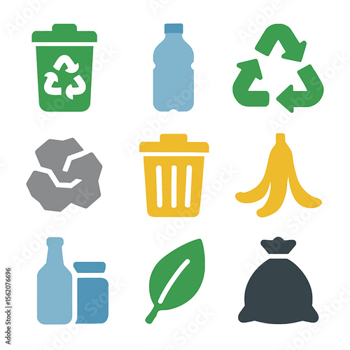 Recycling and waste management icons set illustrating different types of trash sorting