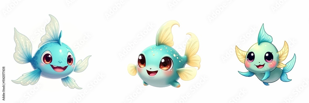 Fototapeta premium Cute cartoon fish characters with smiling faces in pastel colors 