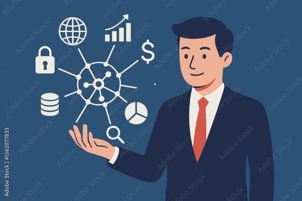 Businessman managing a financial technology network with connected icons. Concept of big data analytics, secure online banking, global business growth, and financial innovation. Businessman managing a financial technology network with connected icons. Concept of big data analytics, secure online banking, global business growth, and financial innovation.