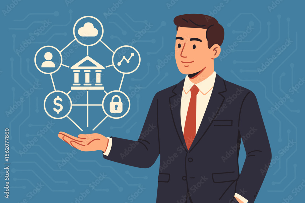 Fintech concept illustration of a businessman presenting a digital banking network. Financial technology innovation for secure access to financial data, cloud services, and investment. Fintech concept illustration of a businessman presenting a digital banking network. Financial technology innovation for secure access to financial data, cloud services, and investment.
